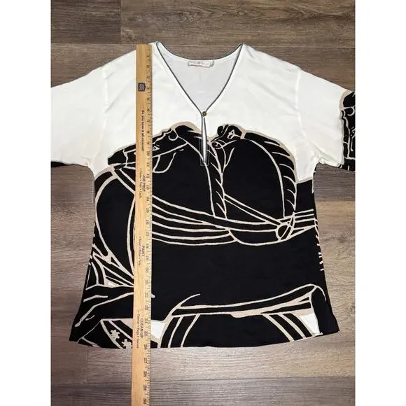 Tory Burch Shirt Women's Size 6 Black White Horse Trocadero Blouse - Picture 3 of 11